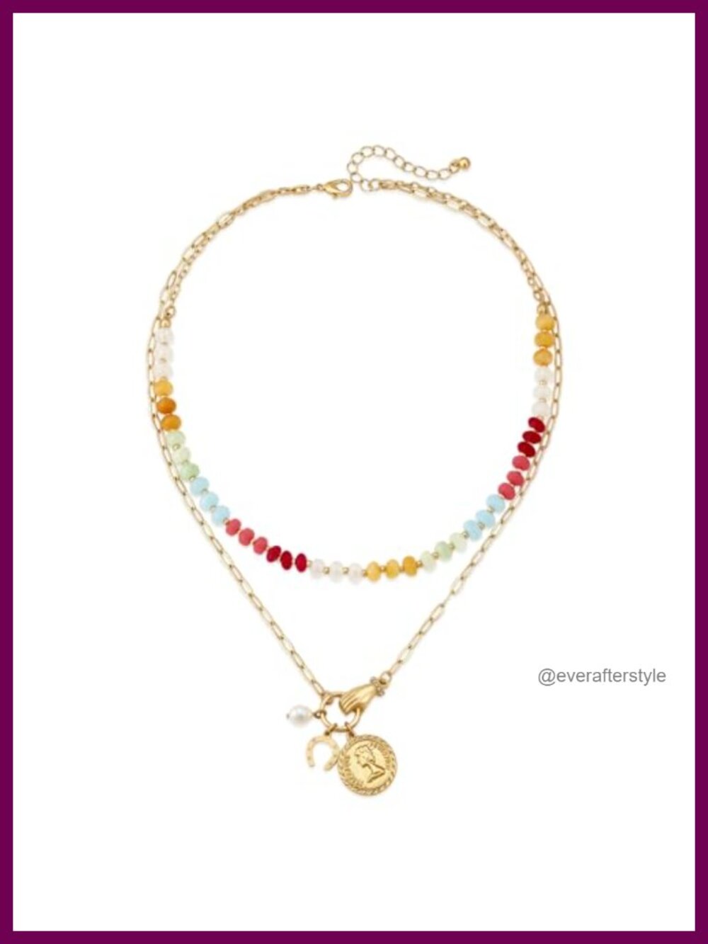 Layered Beaded Choker Necklace Gold Plated Chain Boho Toggle Coin Horseshoe